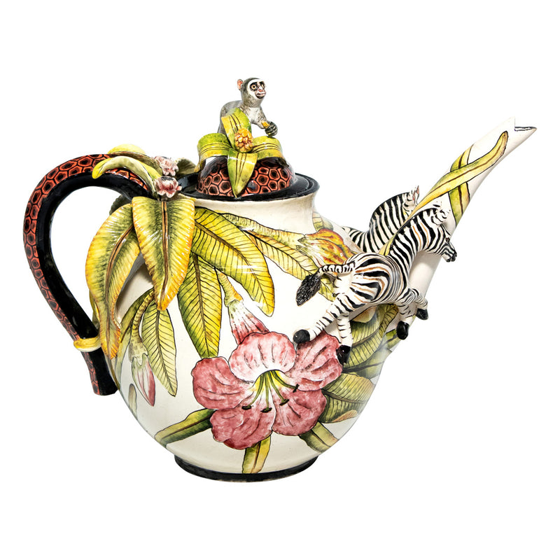 Monkey and Zebra on Daylilly Teapot by Wiseman Ceramic Studio