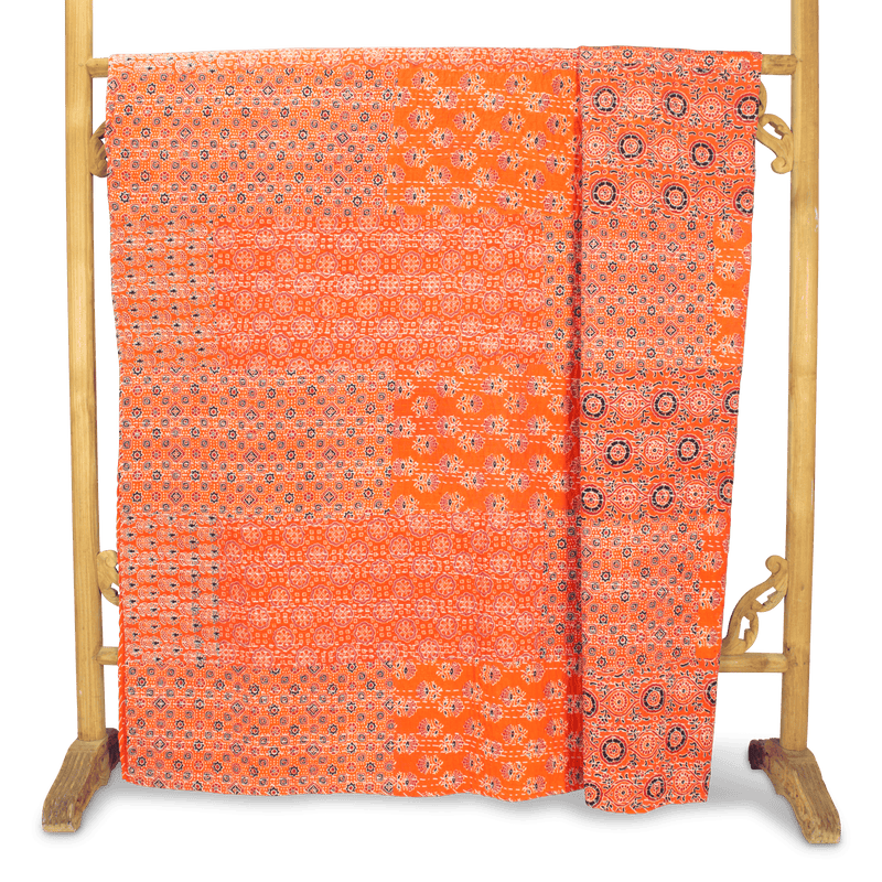 Kantha Quilt Textile Orange and Black Pattern